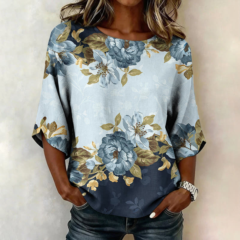 Blue Peony Floral Print Half Sleeve Casual Blouse - Blue - US 28-30 (4XL) - image 1