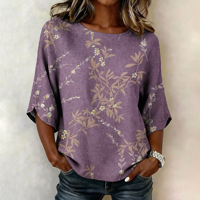 Boho Muted Floral & Leaf Print Half Sleeve Casual Blouse - Purple - US 28-30 (4XL) - image 1