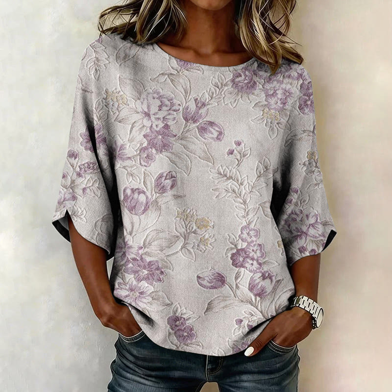 Boho Vintage Tulip Floral Print Half Sleeve Casual Blouse - Purple - US 28-30 (4XL) - image 1