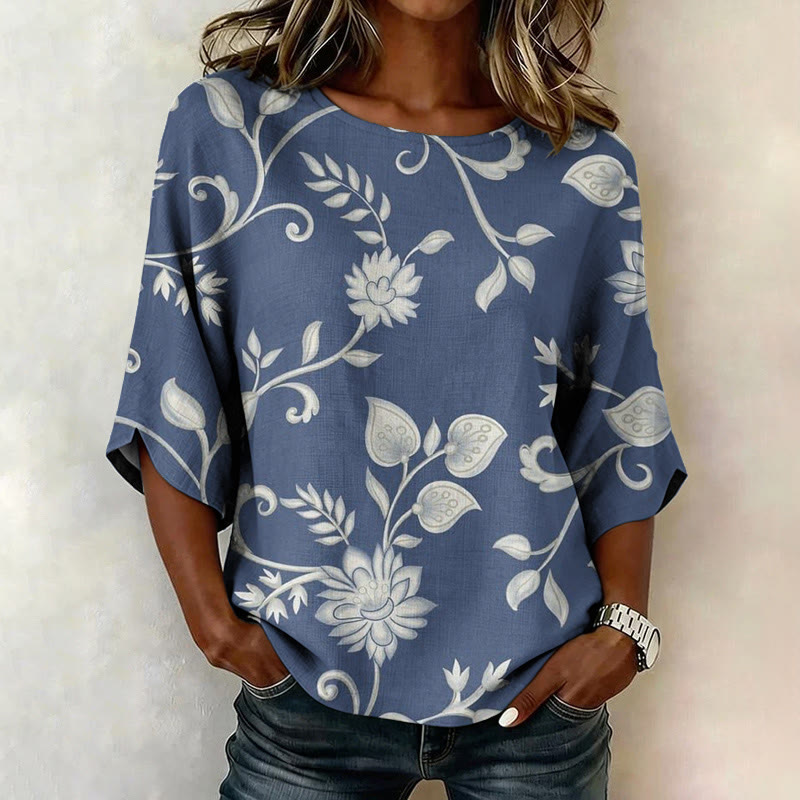 Boho Indigo Damask Floral Print Half Sleeve Casual Blouse - Blue - US 28-30 (4XL) - image 1
