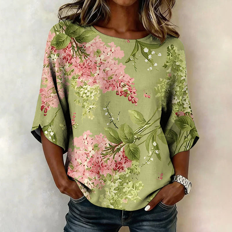Green Pink Hydrangea Floral Print Half Sleeve Casual Blouse - Green - US 28-30 (4XL) - image 1