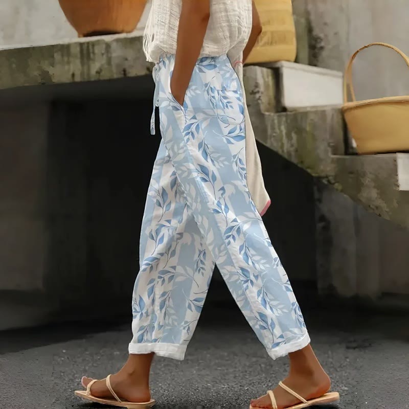 Blue & White Leaf Art Print Casual Pocket Pants  - White - US 20 (5XL) - image 1