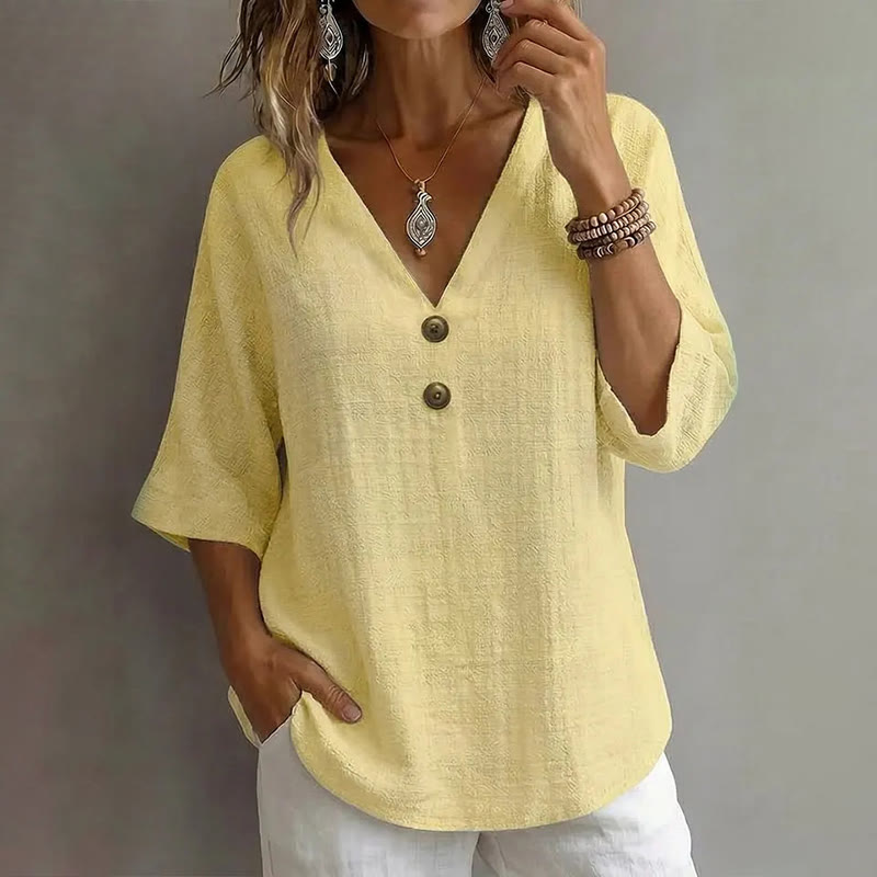 Casual Solid V-neck 3/4 Sleeve Blouse - Yellow - 3XL - image 2