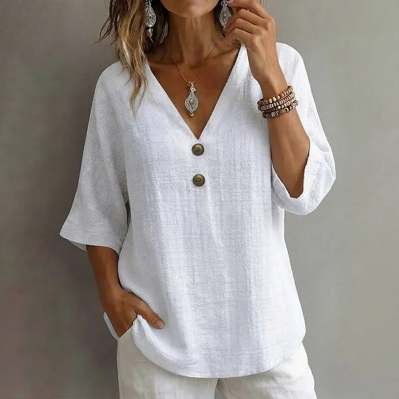 Casual Solid V-neck 3/4 Sleeve Blouse - White - 3XL - image 1