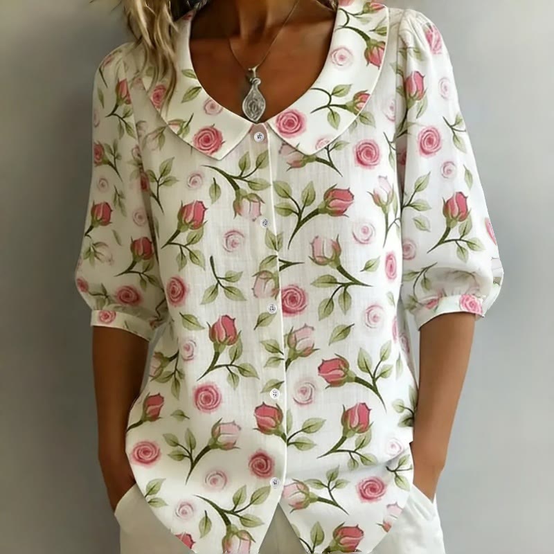 Elegant Floral Print Button-up Half-sleeve Blouse - Beige - 2XL - image 1