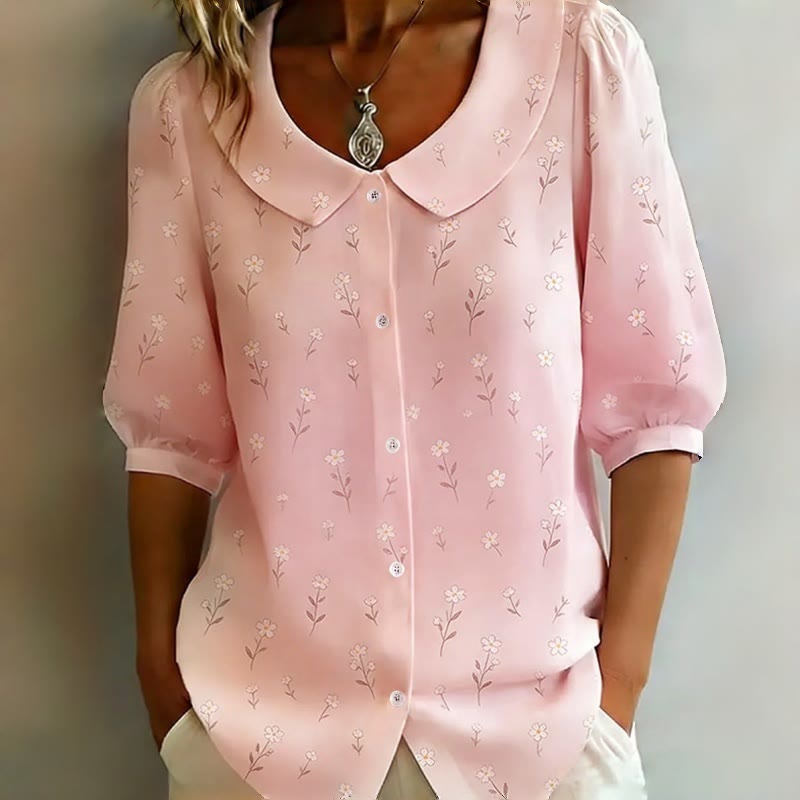 Pink Daisy Print Button-up Half-sleeve Blouse - Pink - 2XL - image 1