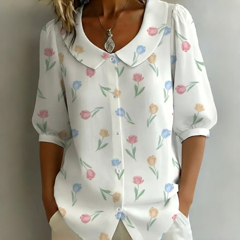 White Tulip Print Button-up Half-sleeve Blouse - White - 2XL - image 1