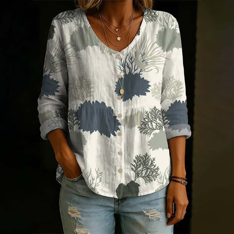 Nature Art Print Button V-Neck A-Line Long Sleeve Blouse - Apricot - US 26-28 (4XL) - image 1