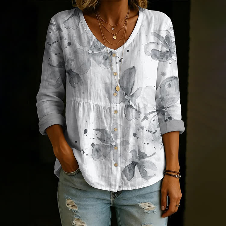 Ink Floral Art Print Button V-Neck A-Line Long Sleeve Blouse - Light Gray - US 26-28 (4XL) - image 1