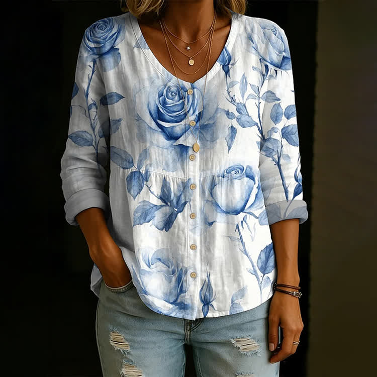 Blue Watercolor Rose Art Print Button V-Neck A-Line Long Sleeve Blouse - White - US 26-28 (4XL) - image 1