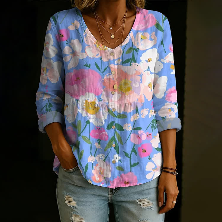Colorful Floral Art Print Button V-Neck A-Line Long Sleeve Blouse - Blue - US 26-28 (4XL) - image 1