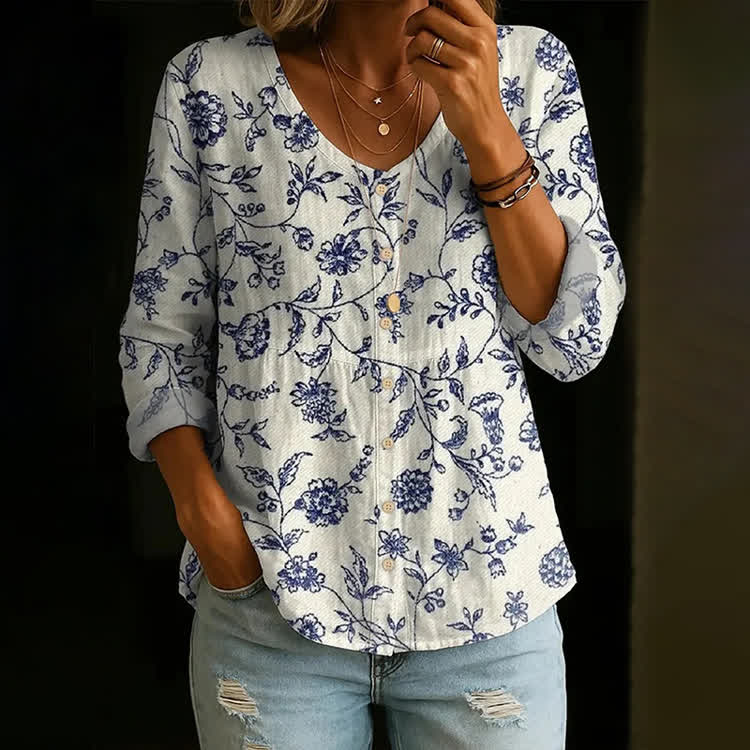 Ladies Casual Botanical Art Print Button V-Neck A-Line Long Sleeve Blouse - Beige - US 26-28 (4XL) - image 1