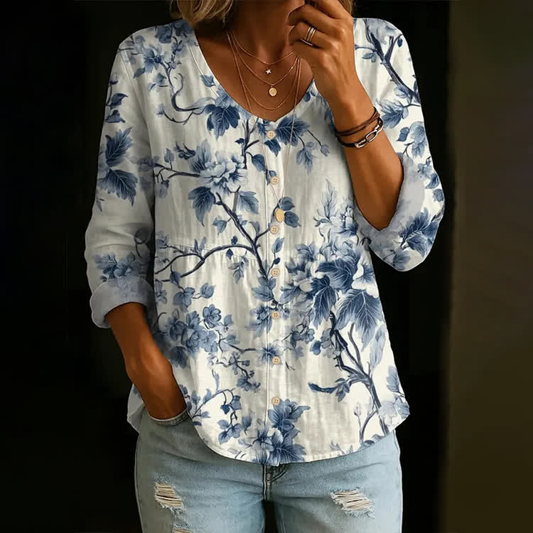 Watercolor Blue Floral Art Print Button V-Neck A-Line Long Sleeve Blouse - Apricot - US 26-28 (4XL) - image 1