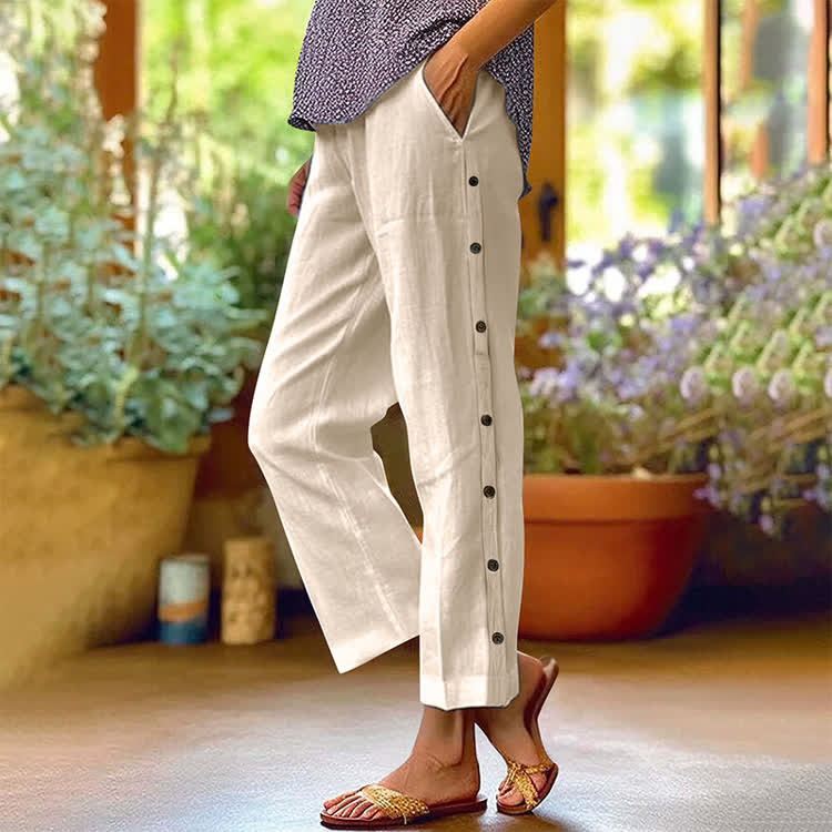 Casual Solid Pocket Pants With Side Buttons - Apricot - 3XL - image 2