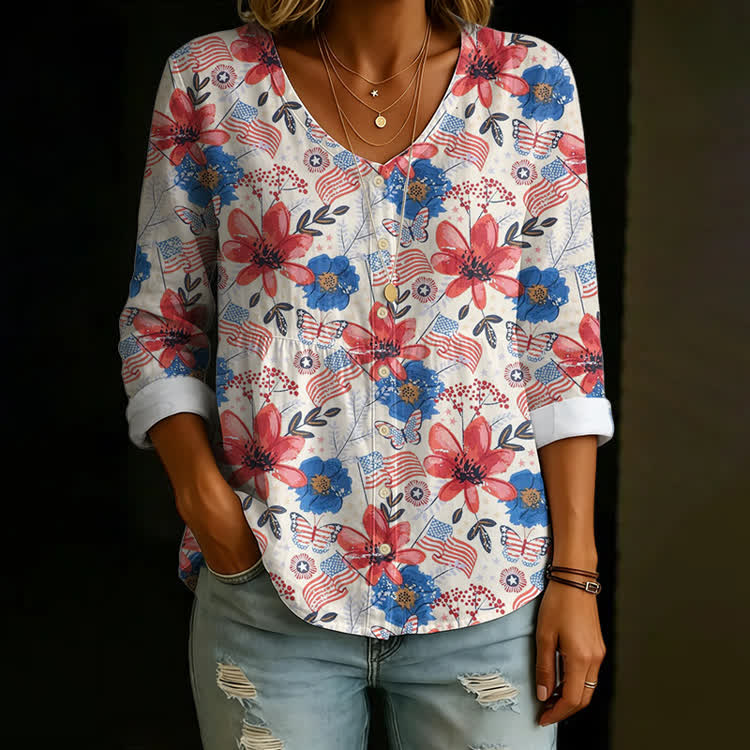 4th Of July Floral Print Button V-neck A-line Long Sleeve Blouse - White - US 26-28 (4XL) - image 1