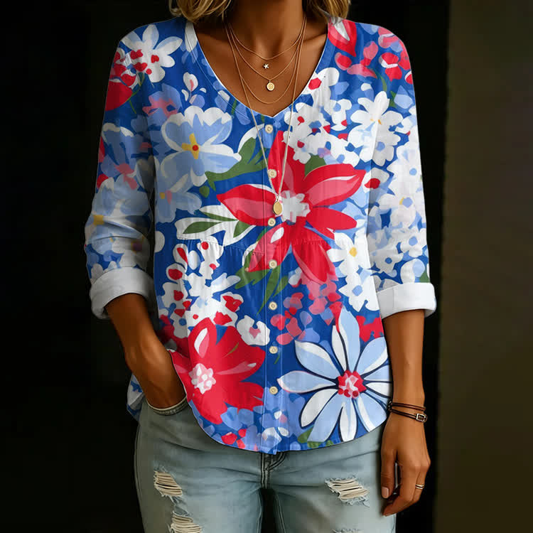 Colorful Tropical Flower Print Button V-neck A-line Long Sleeve Blouse - Blue - US 26-28 (4XL) - image 1