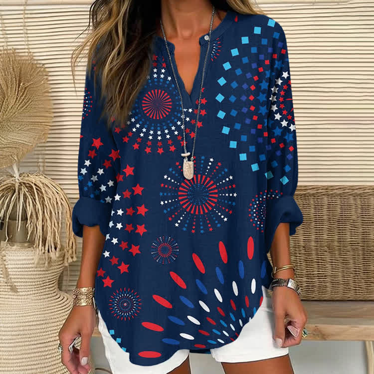 Patriotic Star & Firework Print Short Sleeve Casual Blouse - Navy Blue - US 30 (8XL) - image 1