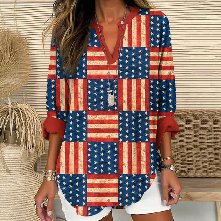Vintage American Flag Print Short Sleeve Casual Blouse - Red - US 30 (8XL) - image 1