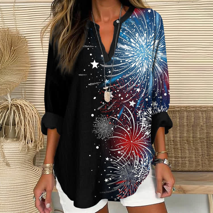 Independence Day Firework Print Short Sleeve Casual Blouse - Black - US 30 (8XL) - image 2