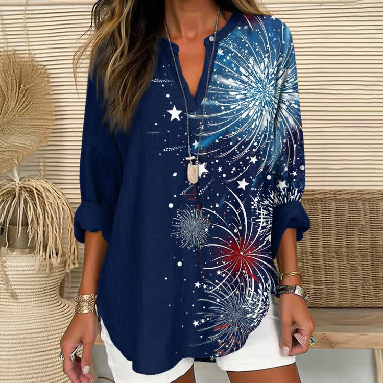 Independence Day Firework Print Short Sleeve Casual Blouse - Navy Blue - US 30 (8XL) - image 1