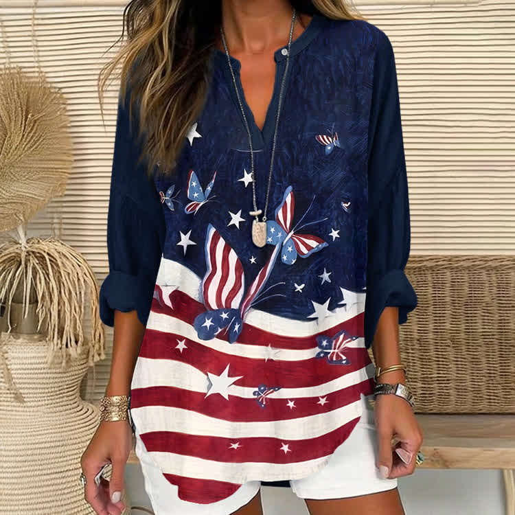 Red White Blue Butterfly & Star Print Short Sleeve Casual Blouse - Navy Blue - US 30 (8XL) - image 1