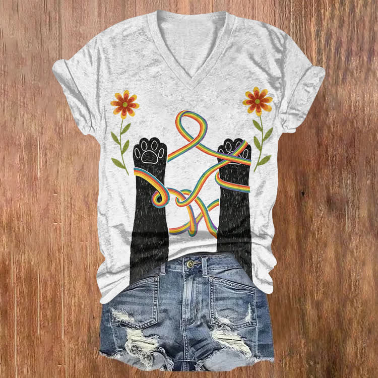 Rainbow And Paws Pattern Print Short Sleeved V-Neck T-Shirt - White - US32-34(5XL) - image 1