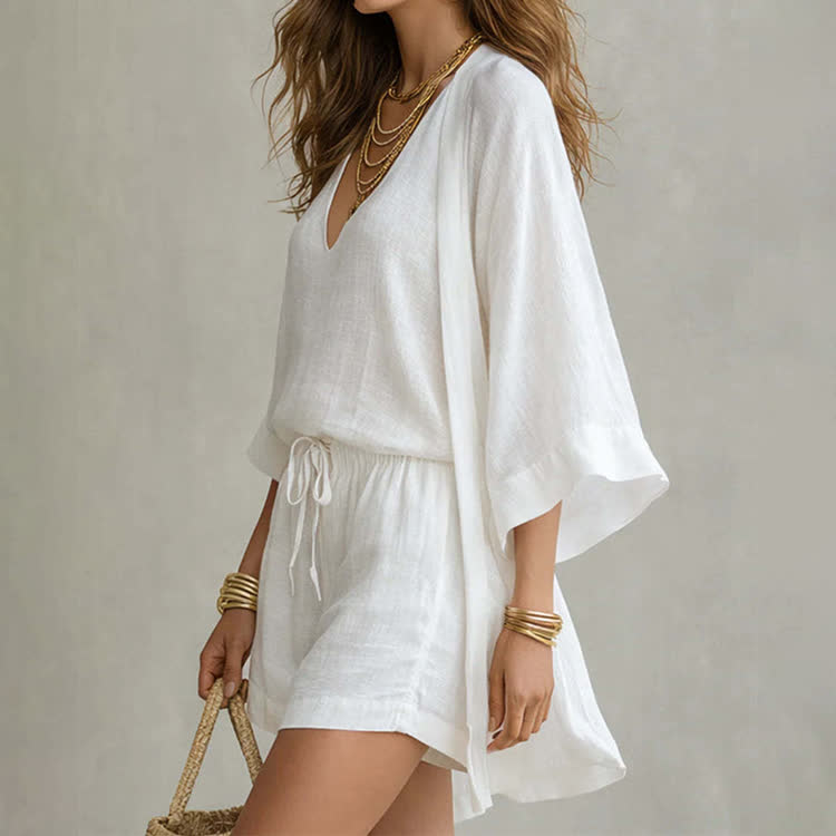 Cozy Solid Texture V-neck Vest & Short & Kimono Cardigan 3-piece Set - image 2