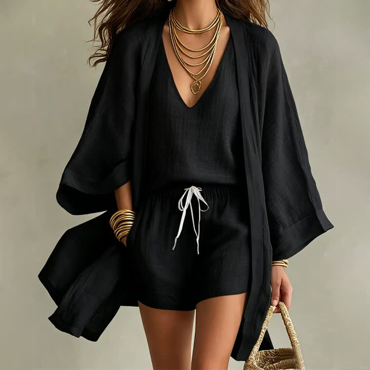 Cozy Solid Texture V-neck Vest & Short & Kimono Cardigan 3-piece Set - Black - 3XL - image 9