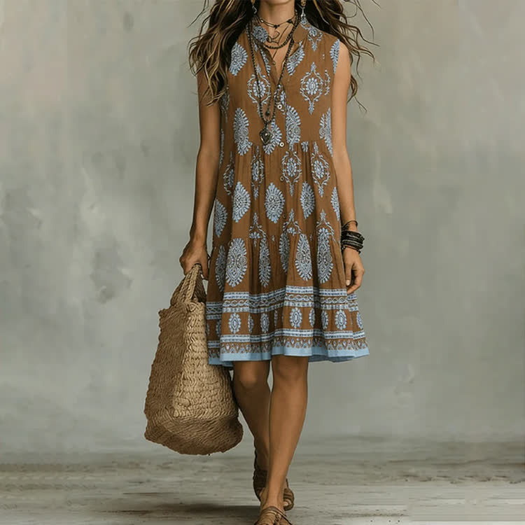 Boho Ethnic Print V-neck Split And Splice A-line Mid Dress - Khaki - 5XL - image 1