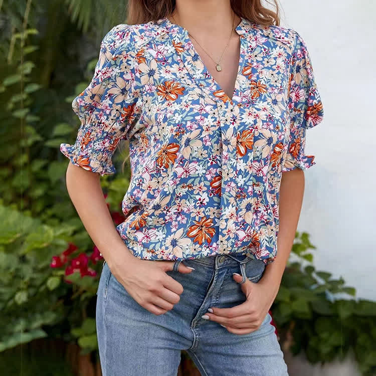 Elegant Floral Print V-neck Ruffled Puff Sleeves Blouse - Blue - 2XL - image 1