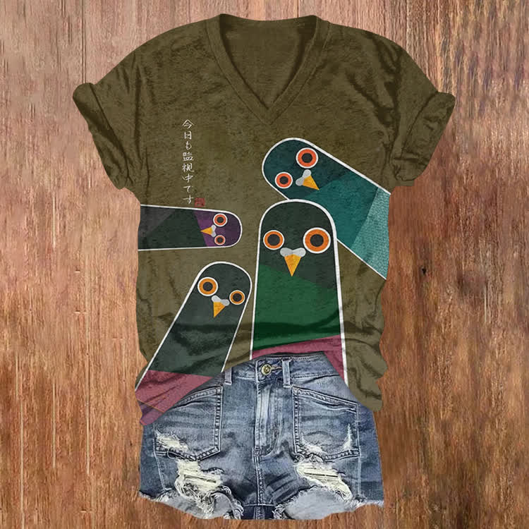 Japanese Retro Surveillance Bird Pattern Print Short Sleeved V-Neck T-Shirt - Army Green - US32-34(5XL) - image 1