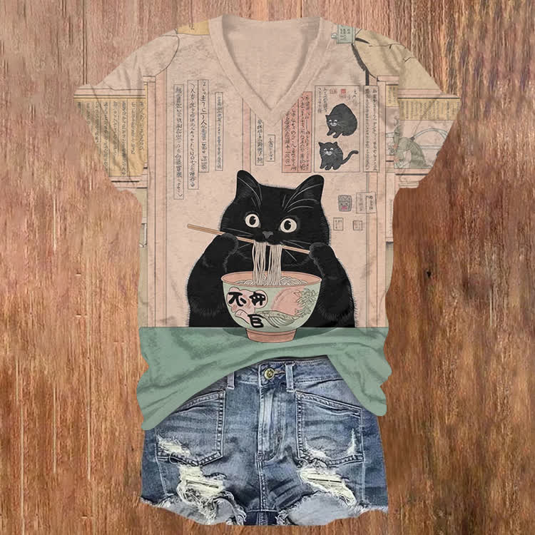Japanese Black Cat Eating Noodlest Pattern Print Short Sleeved V-Neck T-Shirt - Light Pink - US32-34(5XL) - image 1