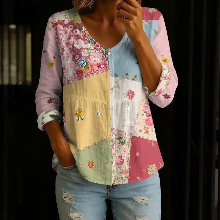 Cottagecore Multicolor Floral Print Button V-neck A-line Long Sleeve Blouse - Multicolor - US 26-28 (4XL) - image 1