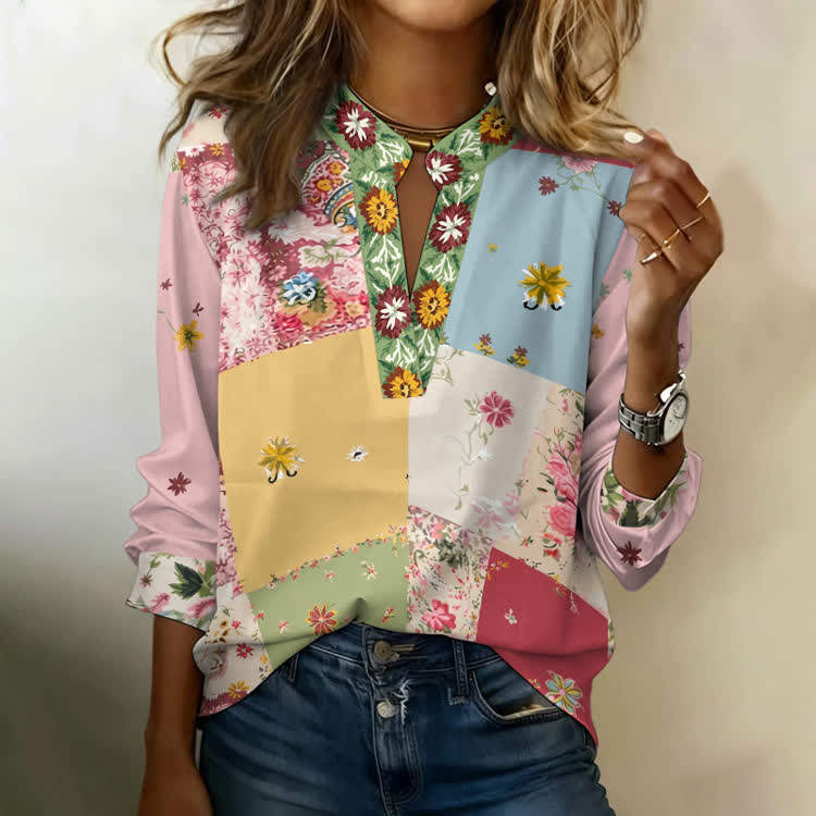 Cottagecore Multicolor Floral Print Notch-collar Long-sleeve Blouse - Multicolor - 3XL - image 1