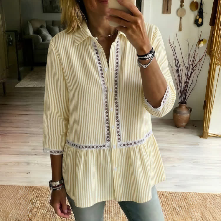 Casual Striped Openwork Lace Linen Blend 3/4 Sleeve Blouse - Yellow - 4XL - image 1