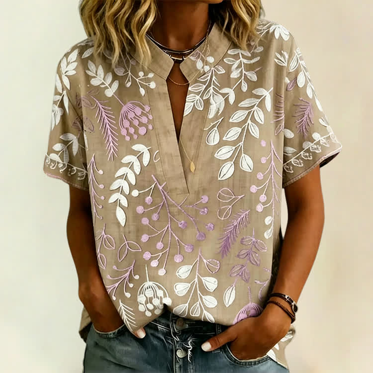 Elegant Floral Notch-collar Short Sleeve Blouse - Khaki - 3XL - image 1
