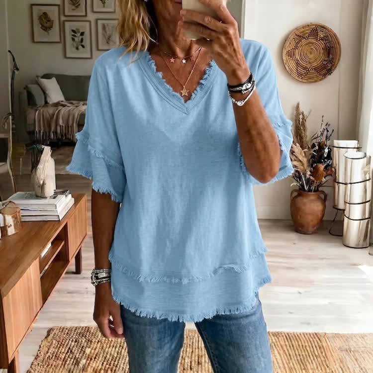 Casual Solid Frayed Layered V-neck Blouse - Light Blue - 3XL - image 1