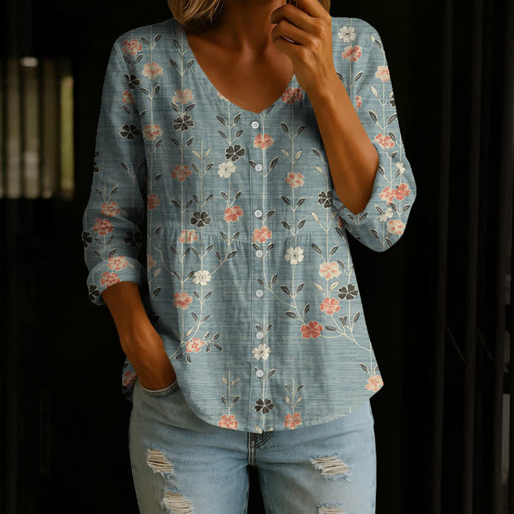 Bohemian Floral Pattern Print Button V-Neck A-line Long Sleeve Blouse - Blue - US 26-28 (4XL) - image 1
