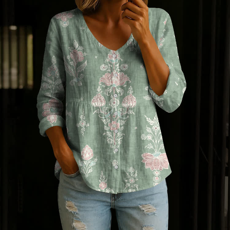 Boho Floral Vintage Pattern Print Button V-Neck A-line Long Sleeve Blouse - Green - US 26-28 (4XL) - image 1