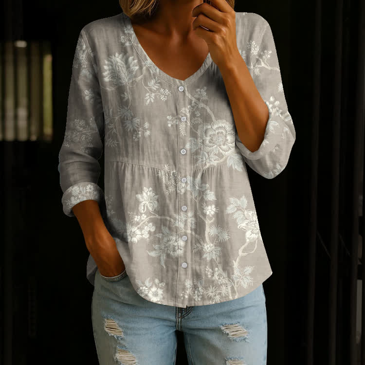 Vintage Boho Floral Bloom Pattern Print Button V-Neck A-line Long Sleeve Blouse - Warm Grey - US 26-28 (4XL) - image 1