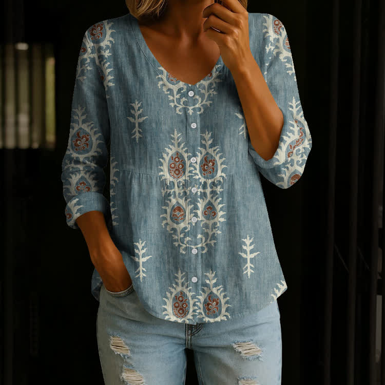 Vintage Floral Boho Pattern Print Button V-Neck A-line Long Sleeve Blouse - Blue - US 26-28 (4XL) - image 1