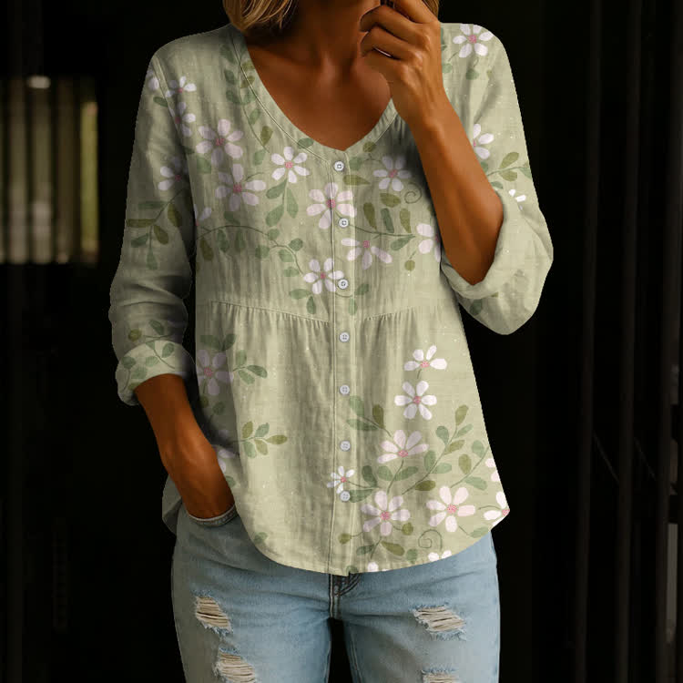 Vintage Garden Floral Pattern Print Button V-Neck A-line Long Sleeve Blouse - Green - US 26-28 (4XL) - image 1