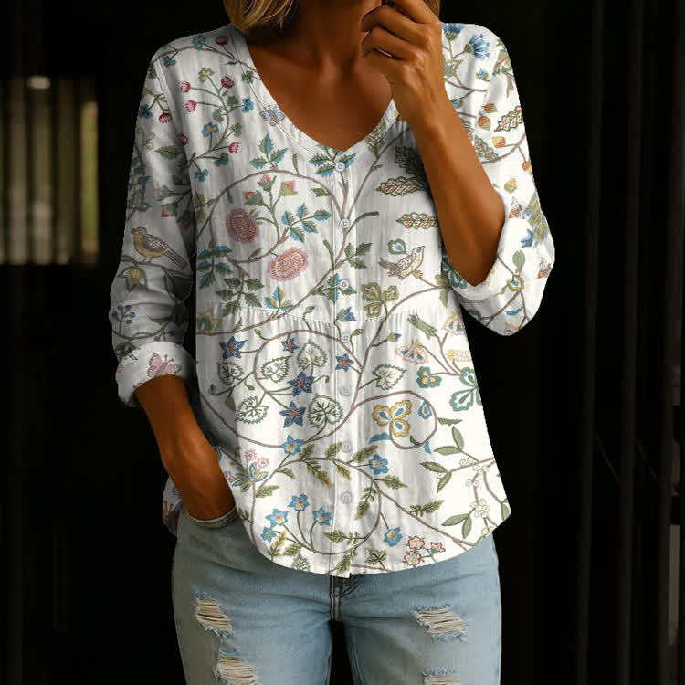 Vintage Inspired Floral Pattern Print Button V-Neck A-line Long Sleeve Blouse - White - US 26-28 (4XL) - image 1