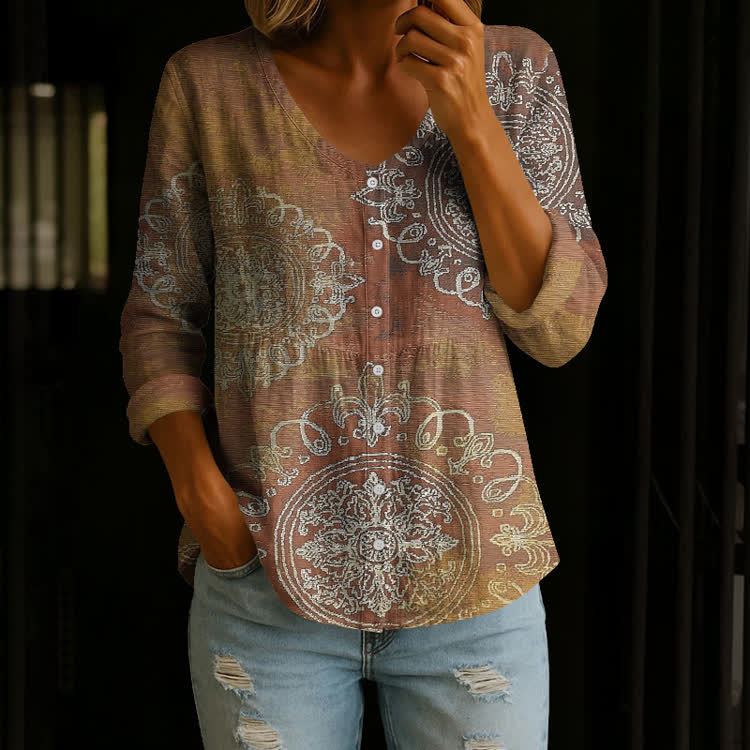 Boho Mandala Pattern Print Button V-Neck A-line Long Sleeve Blouse - Coffee - US 26-28 (4XL) - image 1