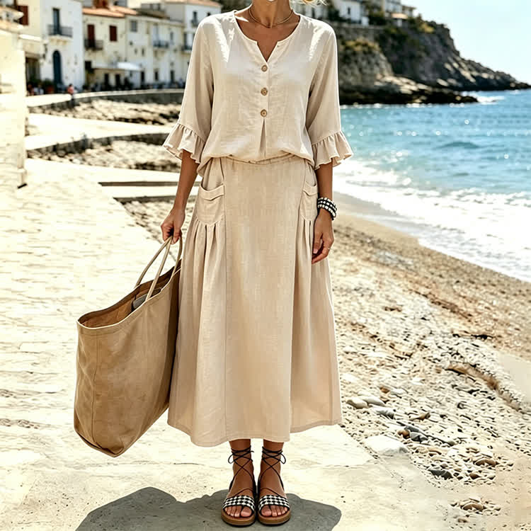 Solid Button V-neck Ruffle Sleeves Blouse & Solid Pocket Skirt Set - image 12