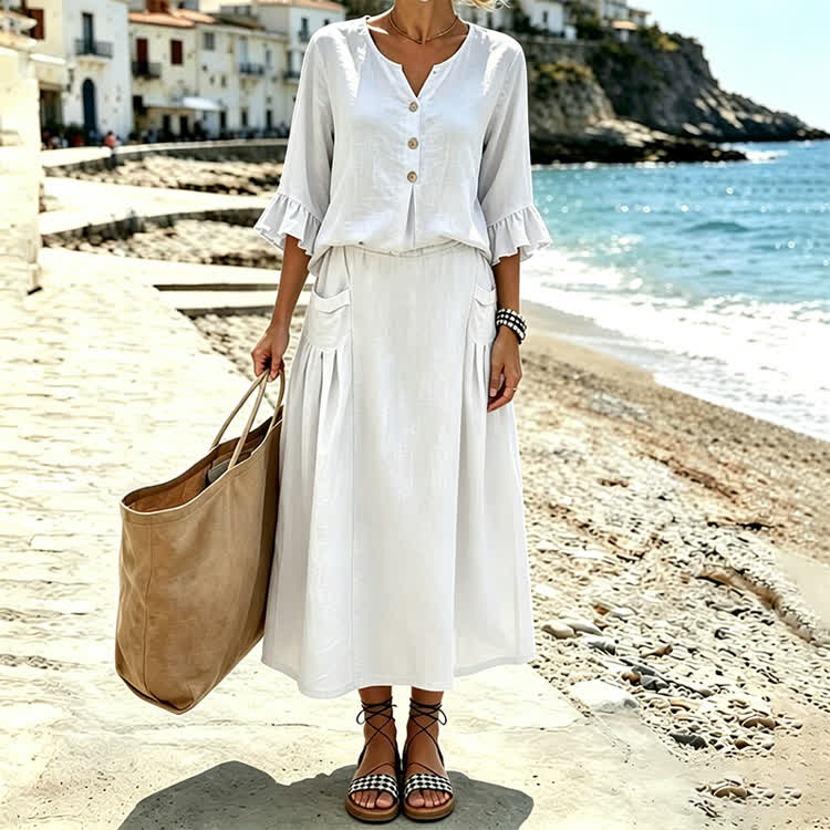 Solid Button V-neck Ruffle Sleeves Blouse & Solid Pocket Skirt Set - image 13