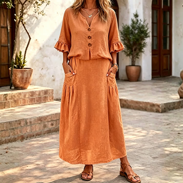 Solid Button V-neck Ruffle Sleeves Blouse & Solid Pocket Skirt Set - Orange - 4XL - image 6