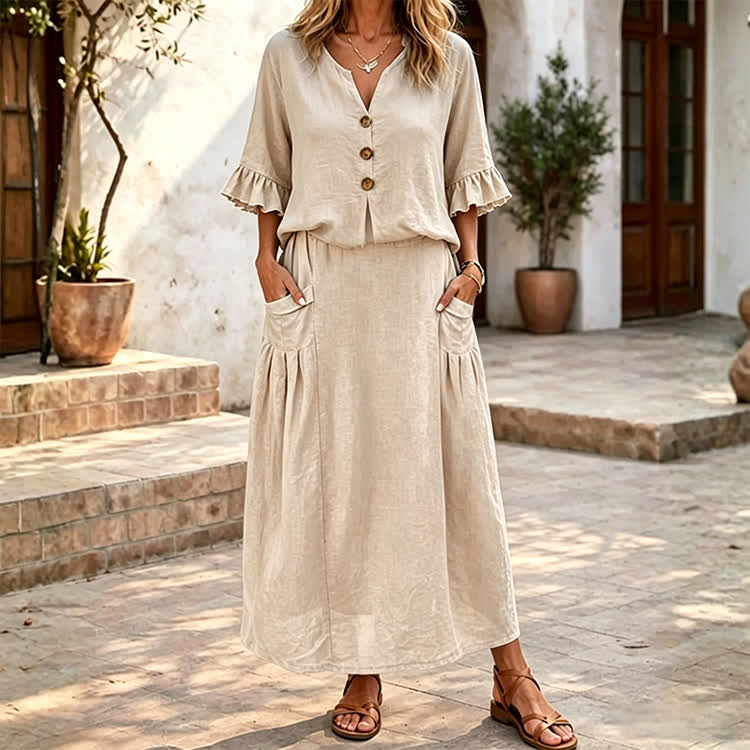 Solid Button V-neck Ruffle Sleeves Blouse & Solid Pocket Skirt Set - Apricot - 4XL - image 1