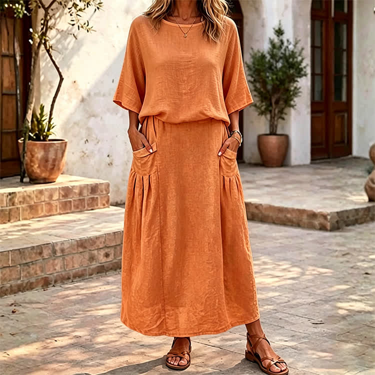 Elegant Solid Print 3/4 Sleeve Casual Blouse & Solid Pocket Skirt Set - Orange - 4XL - image 6