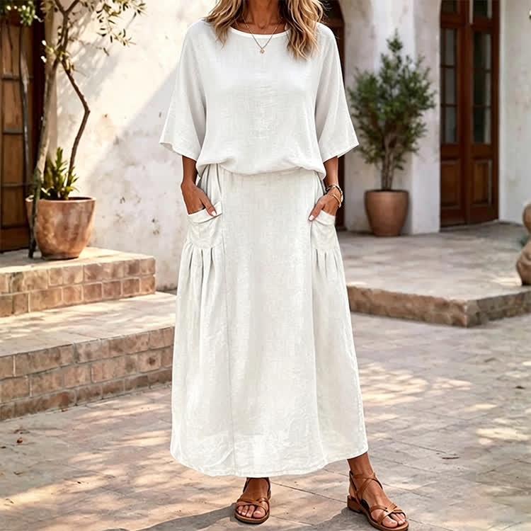 Elegant Solid Print 3/4 Sleeve Casual Blouse & Solid Pocket Skirt Set - White - 4XL - image 1